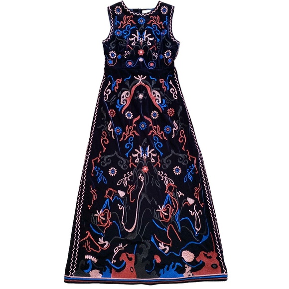 FOXIEDOX Fuji Floral Embroidered Velvet Tea Length Dress Size 4 Navy Blue Midi - Picture 11 of 17